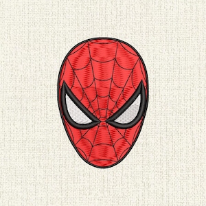 May include: Embroidered red Spider-Man mask with black web detailing and black-outlined white eye shapes. The mask is oval-shaped and set against a textured, off-white background. Suitable for clothing and accessories.