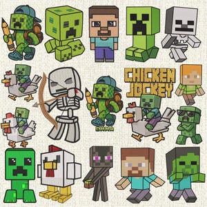 May include: A collection of embroidered Minecraft-themed patches featuring blocky characters including Creepers, Steve, Alex, skeletons, and zombies. Some figures ride chickens, hold pencils, or wear sunglasses. The text CHICKEN JOCKEY and EMMA is visible.