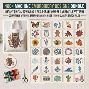 May include: A digital bundle of 400+ machine embroidery designs featuring a grid of icons including animals, flowers, monograms, and seasonal motifs. Includes a tote bag and embroidery hoop with an owl design, plus thread and scissors.