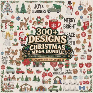 May include: A digital collection of over 300 Christmas embroidery designs featuring Santa, reindeer, snowmen, Christmas trees, stockings, mittens, and festive text like Joy & Gladness, Merry & Bright, and Winter Wonderland on a light background.