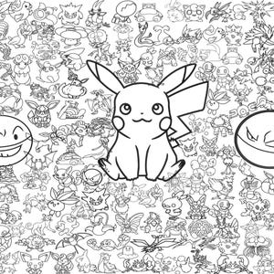Puede incluir: Una página para colorear en blanco y negro que presenta un personaje Pikachu grande en el centro, rodeado por un denso collage de varias ilustraciones de criaturas más pequeñas, incluyendo dos personajes circulares con rostros a la izquierda y derecha.