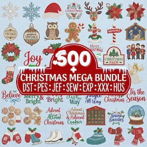 Puede incluir: Una colección digital de 500 diseños de bordado con temática navideña que incluye copos de nieve, adornos, un búho, pan de jengibre, un belén, coronas, calcetines y frases como Joy, Believe y Merry Christmas sobre un fondo azul claro.