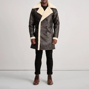 Men's Shearling Sheepskin Leather Trench Coat - Black Double Breasted Long Winter Overcoat