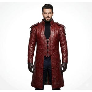 Mens Burgundy Leather Trench Coat, Gothic Long Coat, Medieval Renaissance Jacket, Vampire Cosplay Costume, Fantasy Outerwear