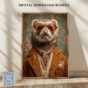 Ferret Portrait Print | Exotic Pet Wall Art | Funny Ferret Art | Vintage Floral Decor | Digital Download