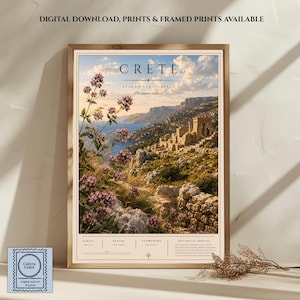 May include: A vertical wall art print featuring a landscape of Crete, Greece, with ancient stone ruins on a hillside, pink flowering oregano plants in the foreground, and a blue sea under a cloudy sky. The text reads CRETE, AEGEAN SEA, GREECE.