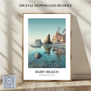 Può includere: Un pacchetto di download digitale con una stampa artistica incorniciata di Ruby Beach, Washington. L'opera mostra un paesaggio low-poly con faraglioni rocciosi, una spiaggia di ciottoli e acqua calma in tonalità blu, verde acqua e marrone.