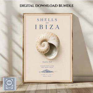 Peut inclure: Une affiche murale verticale sur fond beige avec un coquillage nautile au centre. Le texte indique "SHELLS OF IBIZA", "Nautilus Shell", "COLLECTED ALONG THE IBIZA COAST" et des coordonnées. Une petite illustration bleue d'un paysage côtier est incluse.