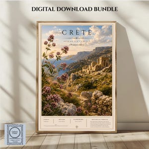 May include: A digital download bundle featuring a vertical poster of Crete, Greece. The print displays a coastal landscape with ancient stone ruins, blue sea, and pink oregano flowers in the foreground. Text includes "CRETE", "AEGEAN SEA", and "GREECE".