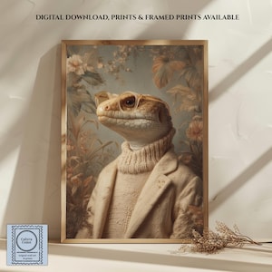 BLUE TONGUE SKINK Portrait Print | Funny Exotic Pet Wall Art | Quirky Reptile in Sweater Poster | Botanical Background Animal Print