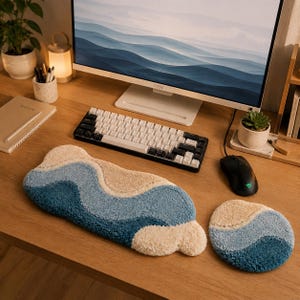 Textured Punch Needle Wrist Rest Duo, Handmade Soft Keyboard and Mouse Pad Set for Ergonomic Desk Aesthetic