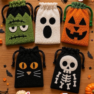 May include: Five rectangular drawstring pouches featuring textured, punch-needle style designs of a green monster, a white ghost, an orange jack-o'-lantern, a black cat with orange eyes, and a white skeleton, each numbered one through five.
