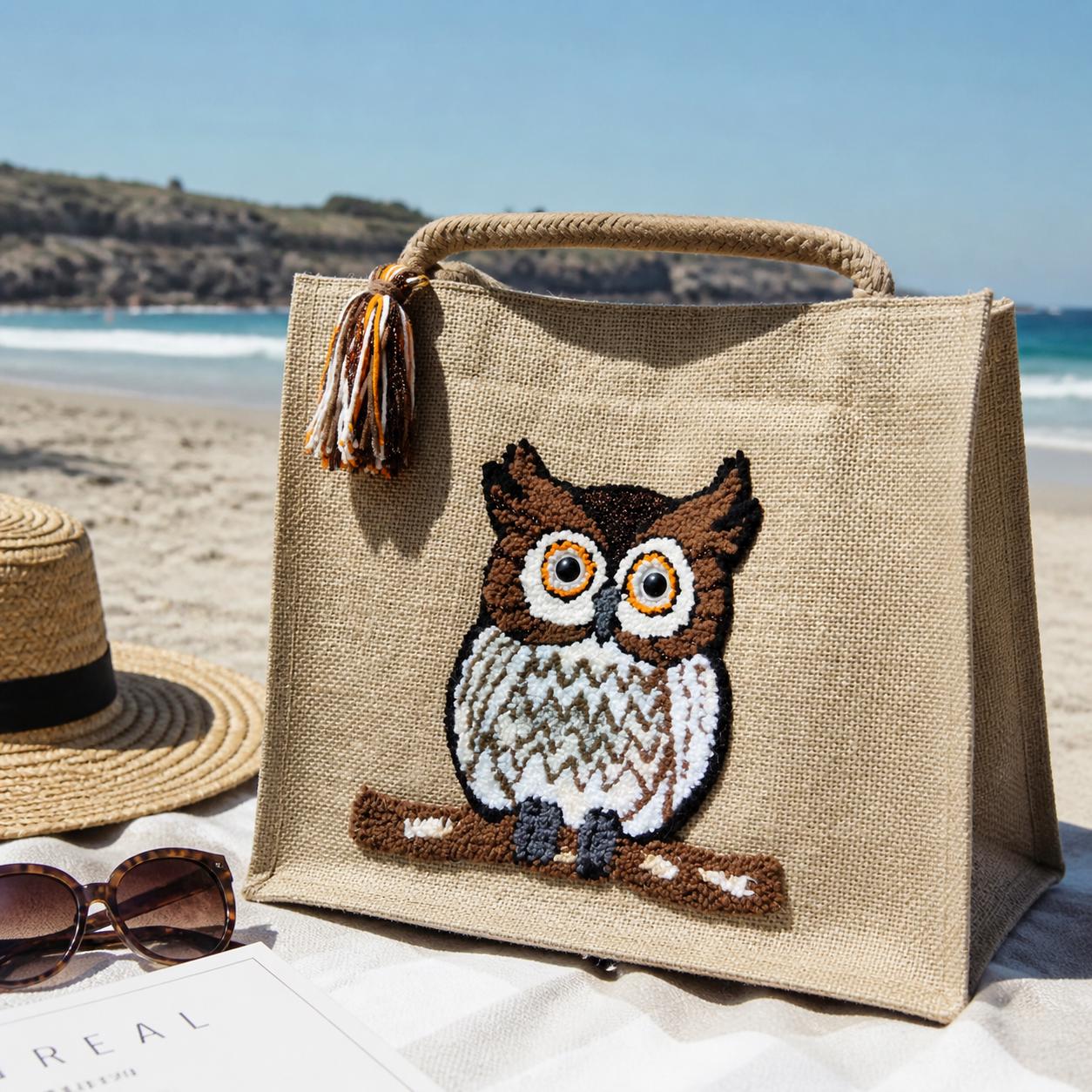 Owl Jute Beach Bag, Boho Summer Bellows Tote, Eco-Friendly Vacation Purse