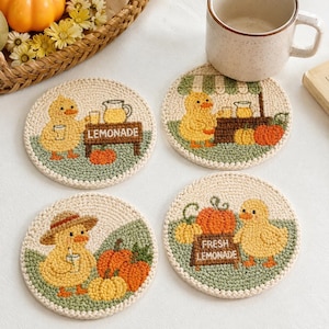 4pcs Duck Lemonade Pumpkin Patch Coasters, Punch Needle Yarn Drink Mat Set, Fall Table Decor