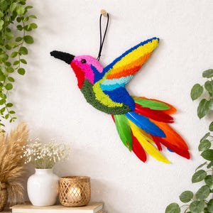 Handmade Lucky Bird Punch Needle Wall Art, Boho Textile Hanging, Colorful Nursery Decor