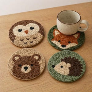 4stk Forest Friends Punch Needle Untersetzer-Set, Waldtier-Garn-Tischdekoration