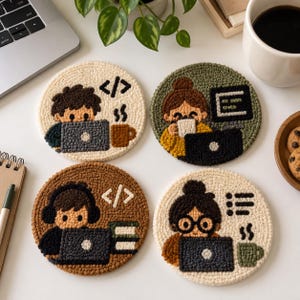 May include: Four circular punch needle coasters featuring cartoon characters working on laptops. One shows a person with a coffee mug and code symbol, another a person with a monitor, a third with headphones and books, and the last with glasses and a list.