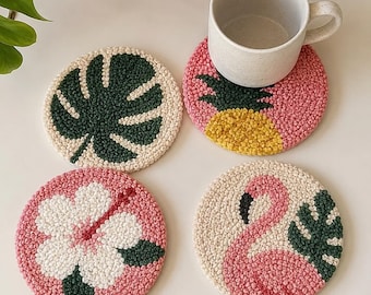 Handmade Tropical Punch Needle Coasters, Yarn Mug Rugs, Set of 4