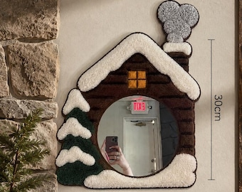 Miroir perforé Winter Cabin, décoration murale texturée Hygge confortable, miroir de courtoisie en textile cousu main