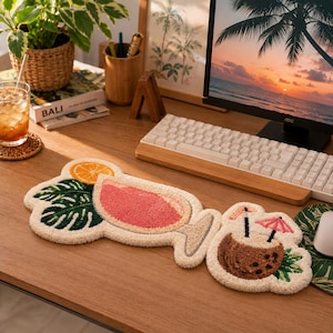 Tropical Cocktail Punch Needle Wrist Rest Duo, Handmade Desk Mat Set