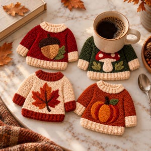 Juego de posavasos con diseño de jersey otoñal, posavasos con bordado de aguja perforada, decoración otoñal acogedora, regalo único para amantes del café.