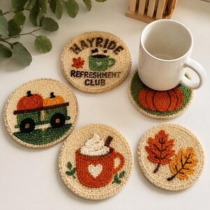 4 Stück Hayride Erfrischungsclub Untersetzer, handgestanzte Garn-Trinkmatten, gemütliche herbstliche Tischdekoration