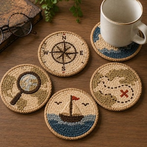 4pcs Punch Needle Coaster Set, Artisan Mapmaker Table Decor, Textile Coffee Mat Collection