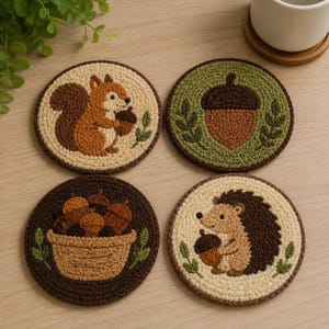 May include: A set of four round crochet coasters featuring nature-inspired designs. One shows a squirrel holding an acorn, one an acorn with leaves, one a basket filled with acorns, and one a hedgehog holding an acorn, all in earthy tones.