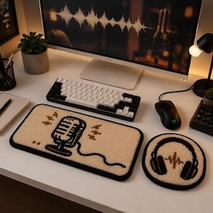 Studio Microphone Punch Needle Wrist Rest Set, Ergonomic Keyboard Mouse, Audio Engineer Desk Pad