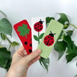 3pcs Lucky Ladybug and Clover Punch Needle Bookmark Set, 3 Piece Fiber Art Reader Gift
