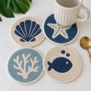 Hand-tufted Punch Needle Coaster Set, Nautical Yarn Drink Mats, Coastal Decor