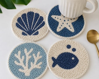 Hand-tufted Punch Needle Coaster Set, Nautical Yarn Drink Mats, Coastal Decor