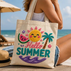 Summer Shine Punch Needle draagtas, handgemaakte bloemen canvas schoudertas, esthetische geborduurde strandtas, unieke Boho Market-tas voor haar