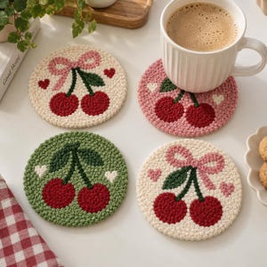 May include: Four round, crocheted coasters featuring cherry motifs. Two coasters are cream-colored with pink bows and red cherries, one is pink with red cherries, and one is green with red cherries. All feature small heart accents.