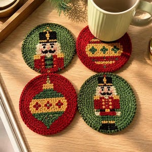 Set of 4 Handmade Nutcracker Punch Needle Coasters, Embroidered Christmas Yarn Drink Mats