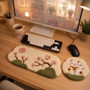 Zen Punch Needle Keyboard Wrist Rest and Mouse Pad Duo, Minimalist Japanese Workspace Textile Set