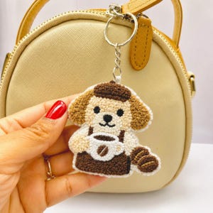 Barista Dog Coffee Bean Punch Needle Keychain, Cute Puppy Latte Lover Accessory, Looped Yarn Bag Charm
