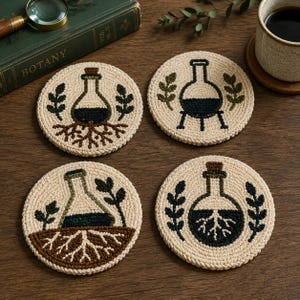 May include: A set of four round, cream-coloured punch needle coasters featuring dark green and brown embroidered designs of laboratory glassware, including flasks and bottles, surrounded by botanical elements like leaves and roots.