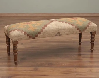 Handmade Kilim upholstered bench with tribal geometric pattern and solid wooden legs, perfect for entryway,  bedroom, and farmhouse decor.