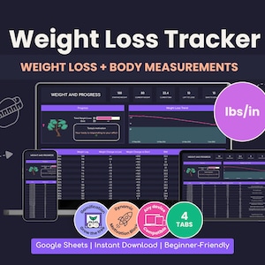 May include: A digital weight loss tracker displayed on a laptop, tablet, and smartphone. The interface shows weight and body measurements, with graphs and data tables. The design includes the text "Weight Loss Tracker" and "Weight Loss + Body Measurements."