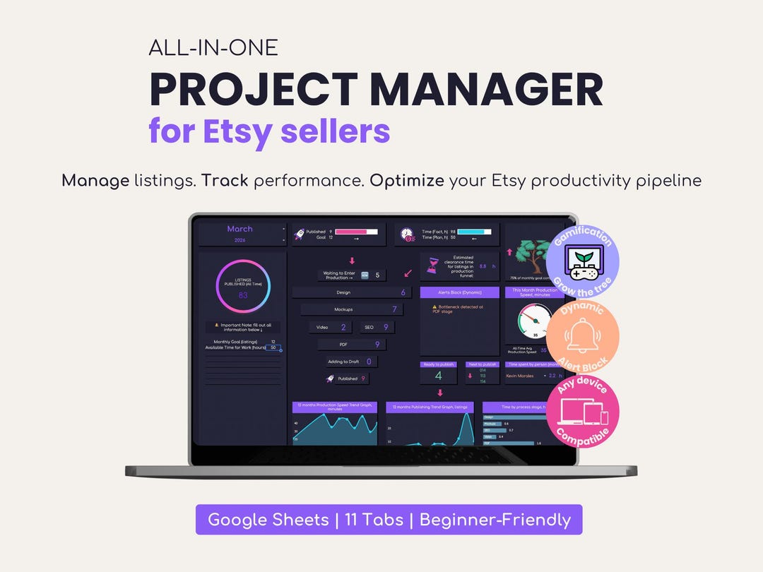 Etsy Project Management Dashboard: Google Sheets Task Tracker Dark Mode ...