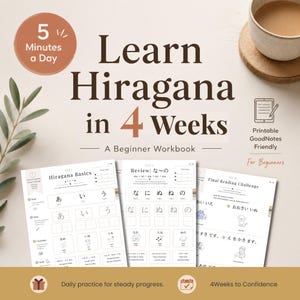 Op de afbeelding: Een digitaal werkboek getiteld Learn Hiragana in 4 Weeks, A Beginner Workbook, met pagina's met oefenrasters voor Japanse karakters, woordenschatillustraties en leesoefeningen. De lay-out bevat een 5 Minutes a Day badge en diverse iconen.