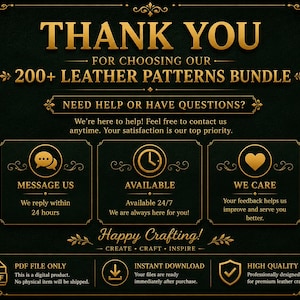 May include: A digital product advertisement with a dark green background and gold text. The text reads "THANK YOU" and "200+ LEATHER PATTERNS BUNDLE." Additional text includes "MESSAGE US," "AVAILABLE," and "WE CARE."
