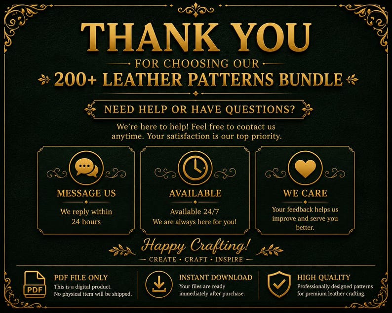 May include: A digital product advertisement with a dark green background and gold text. The text reads "THANK YOU" and "200+ LEATHER PATTERNS BUNDLE." Additional text includes "MESSAGE US," "AVAILABLE," and "WE CARE."