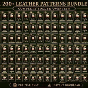 May include: A dark green graphic with the text "200+ LEATHER PATTERNS BUNDLE" and a complete folder overview. The image displays numerous labeled folders, each containing a leather pattern design. The folders are arranged in a grid.