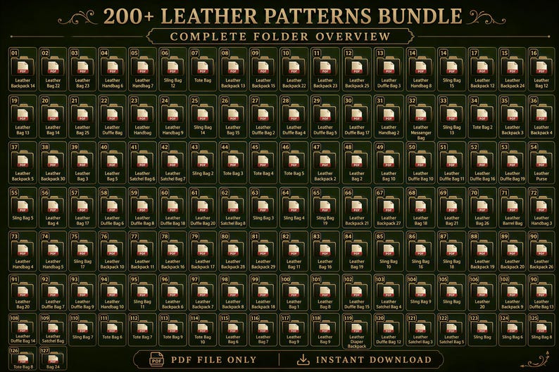 May include: A dark green graphic with the text "200+ LEATHER PATTERNS BUNDLE" and a complete folder overview. The image displays numerous labeled folders, each containing a leather pattern design. The folders are arranged in a grid.