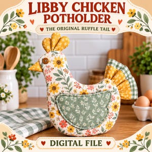 Modello PDF per presina a forma di gallina, modello di presina a forma di gallina Libby dalla coda a volant, cucina in stile rustico, presina d'ispirazione vintage