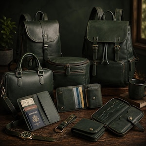May include: An assortment of dark green leather bags and accessories, including backpacks, a briefcase, wallets, and a watch. The open wallet displays a passport and credit cards. The items are arranged on a wooden surface.