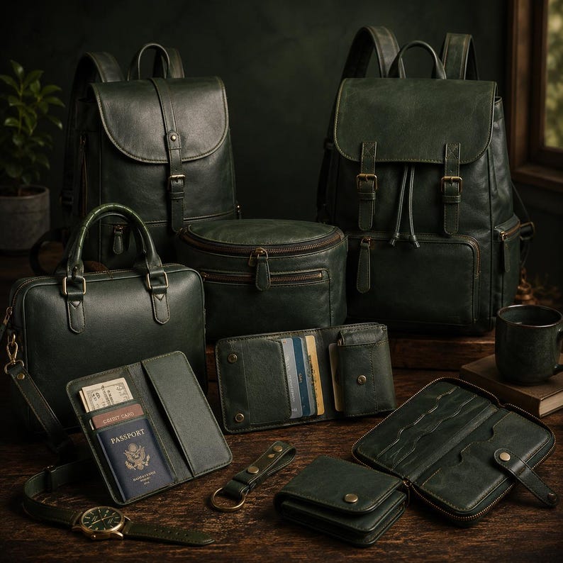May include: An assortment of dark green leather bags and accessories, including backpacks, a briefcase, wallets, and a watch. The open wallet displays a passport and credit cards. The items are arranged on a wooden surface.
