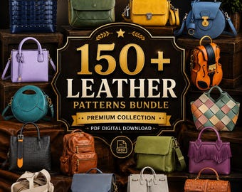 May include: A digital download collection featuring 150+ leather patterns for various handbags, including tote, satchel, backpack, and crossbody styles in diverse colors like blue, green, yellow, orange, black, purple, and brown.